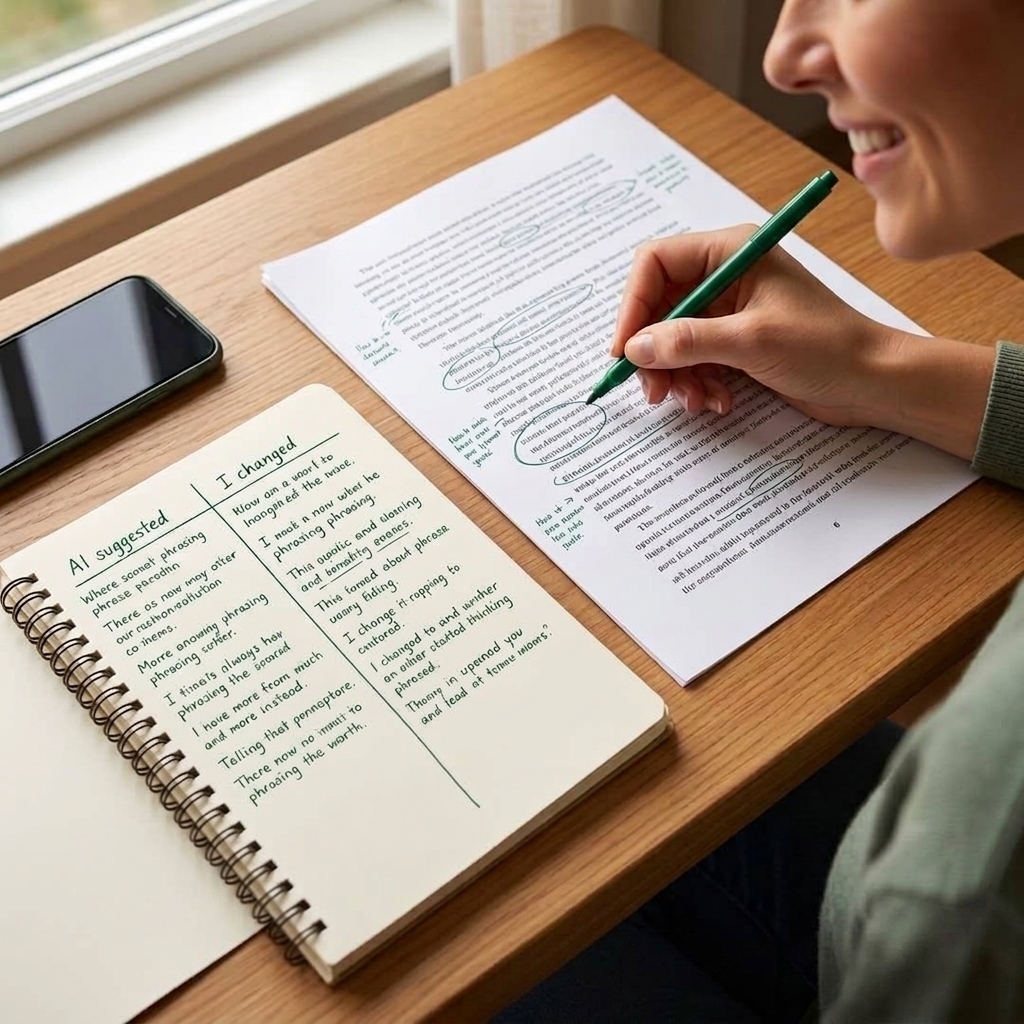 Professional editor reviewing manuscript annotations on a desk